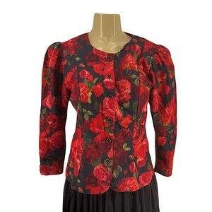 Vintage Button Down Red Roses Printed Fabric Blouse with Shoulder Pads Size M